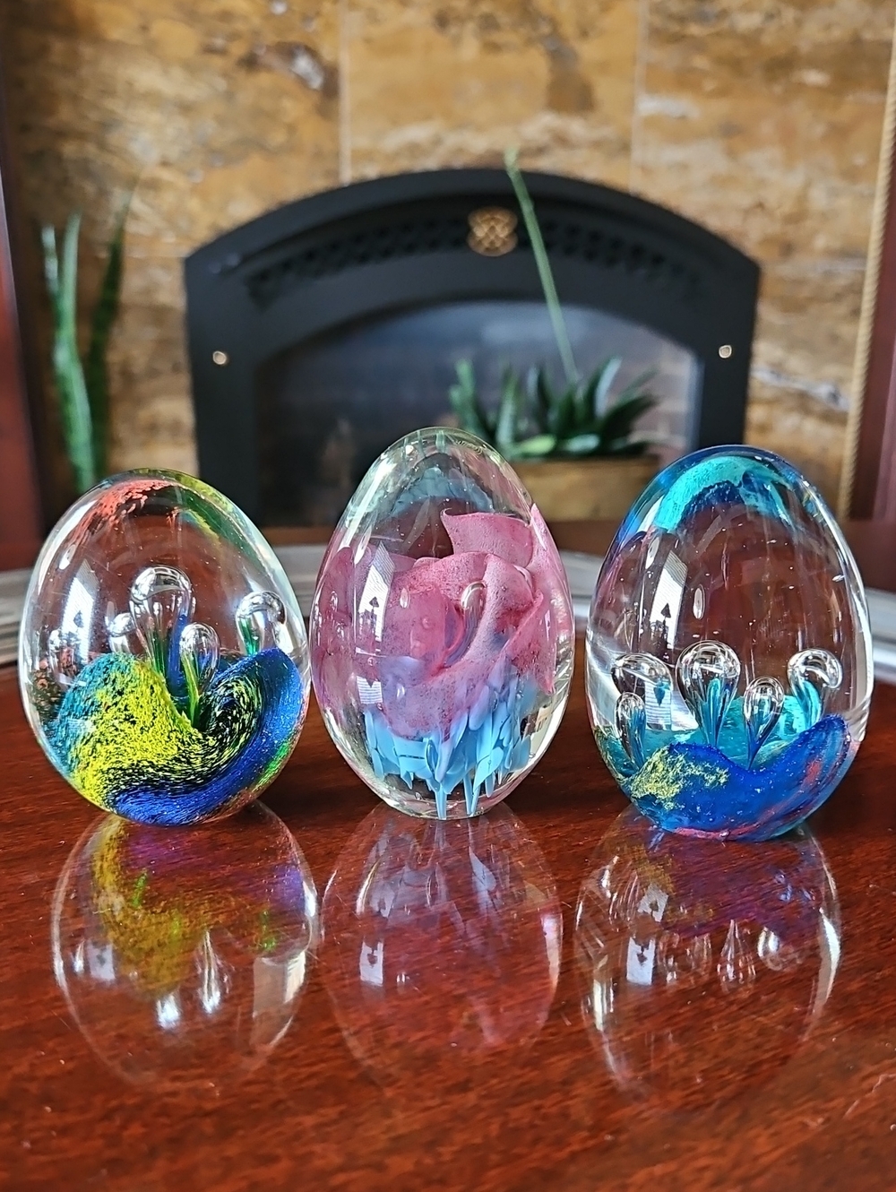 Handblown VTG Controlled Bubble Art Glass Egg Paperweight Trio, Flawed Read/Look